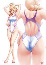 Rule 34 | 1girl, arms behind head, ass, barbell piercing, barefoot, blonde hair, braid, breasts, competition swimsuit, ear piercing, finalcake, full body, gradient hair, highres, industrial piercing, kitagawa marin, large breasts, long hair, multicolored clothes, multicolored hair, multicolored swimsuit, nail polish, one-piece swimsuit, piercing, red eyes, red hair, simple background, single braid, solo, sono bisque doll wa koi wo suru, standing, swept bangs, swimsuit, white background, white one-piece swimsuit, zoom layer