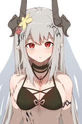 Rule 34 | 1girl, absurdres, arknights, arm strap, bikini, binware, black bikini, black collar, collar, demon horns, flower, hair flower, hair ornament, highres, horns, infection monitor (arknights), jewelry, long hair, material growth, mudrock (arknights), mudrock (silent night) (arknights), necklace, official alternate costume, oripathy lesion (arknights), red eyes, simple background, solo, swimsuit, upper body, very long hair, white background, yellow flower