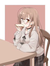 Rule 34 | 1girl, ahoge, berry, bread, brown eyes, brown hair, brown hoodie, brown skirt, chair, commentary, earrings, eating, felutiahime, food, food-themed earrings, food in mouth, glasses, highres, hololive, hololive english, hood, hoodie, jewelry, long hair, long skirt, looking at viewer, nanashi mumei, nanashi mumei (casual), official alternate costume, on chair, oversized clothes, plaid, plaid skirt, pleated skirt, red shirt, round eyewear, runes, shirt, simple background, sitting, skirt, sleeves past wrists, solo, sweater, table, virtual youtuber, white sweater
