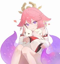 Rule 34 | 1girl, absurdres, animal, animal ears, animal hug, bare shoulders, closed mouth, commentary request, detached sleeves, earrings, floppy ears, fox, fox ears, genshin impact, hair between eyes, heart, highres, japanese clothes, jewelry, knees up, long hair, looking at viewer, miggle27874497, nontraditional miko, pink hair, purple eyes, simple background, smile, solo, white background, white sleeves, yae miko