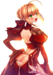 Rule 34 | 1girl, :d, ahoge, arched back, ass, backless dress, backless outfit, bad anatomy, blush, bow, braid, butt crack, dress, epaulettes, fate/grand order, fate (series), green eyes, hair between eyes, hair bow, hair bun, highres, long sleeves, looking at viewer, looking back, moe (hamhamham), nero claudius (fate), nero claudius (fate) (all), nero claudius (fate/extra), open mouth, puffy sleeves, red bow, red dress, single hair bun, smile, solo, standing