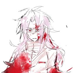 Rule 34 | 1boy, blood, blood in hair, blood on clothes, blood on face, chinese commentary, colored skin, commentary request, eyes visible through hair, hatsutori hajime, highres, long sleeves, male focus, parted bangs, pink hair, red eyes, saibou shinkyoku, sanpaku, shirt, simple background, sketch, solo, studahou, upper body, v-shaped eyebrows, white background, white shirt, white skin