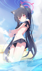Rule 34 | 1girl, absurdres, animal ears, bikini, black bikini, black hair, blue archive, blue sky, cat ears, closed mouth, cloud, day, halo, highres, long hair, looking at viewer, ocean, official alternate costume, outdoors, own hands clasped, own hands together, pink eyes, serika (blue archive), serika (swimsuit) (blue archive), sky, solo, standing, swimsuit, twintails, wading, yamada auto