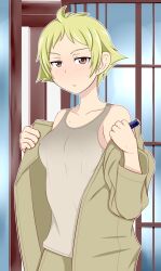 Rule 34 | 1girl, blonde hair, brown eyes, brown shorts, casual, clothes pull, commentary, covered erect nipples, erwin (girls und panzer), girls und panzer, grey tank top, half-closed eyes, indoors, jacket, jacket pull, looking at viewer, no headwear, open clothes, open jacket, parted lips, pointy hair, short hair, shorts, shouji, sliding doors, solo, standing, sweat, tanaka rikimaru, tank top, undressing