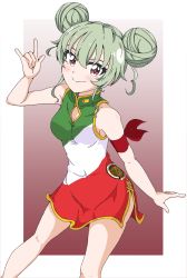 Rule 34 | 1girl, \m/, \n/, alternate hairstyle, anchovy (girls und panzer), anzio (emblem), arm support, blush, breasts, china dress, chinese clothes, cleavage, commentary request, double bun, dress, emblem, flag print, girls und panzer, green hair, hair bun, hair up, high collar, highres, italian flag, leaning forward, legs, light blush, looking at viewer, medium breasts, medium hair, outside border, partial commentary, print dress, purple background, red eyes, short dress, side slit, sleeveless, sleeveless dress, solo, standing, tanuki (naito7110), w
