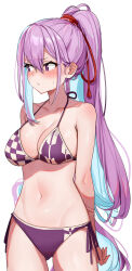Rule 34 | 1girl, bikini, blue hair, blush, breasts, character request, check character, check copyright, cleavage, colored inner hair, copyright request, cowboy shot, hair ribbon, highres, iriam, large breasts, looking to the side, multicolored hair, navel, nose blush, purple bikini, purple eyes, purple hair, red ribbon, ribbon, shiori ichika, side-tie bikini bottom, simple background, solo, swimsuit, white background, yuuzuki (re&#039;ef)