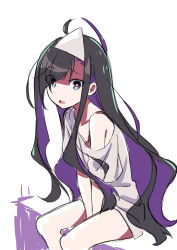 Rule 34 | 1girl, absurdres, between legs, black hair, bright pupils, eyes visible through hair, feet out of frame, hand between legs, highres, long hair, looking at viewer, off-shoulder shirt, off shoulder, open mouth, original, purple eyes, shirt, short sleeves, simple background, sitting, solo, tama (tama-s), triangular headpiece, very long hair, white background, white shirt