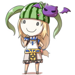 Rule 34 | 1girl, blonde hair, brown footwear, brown shorts, chibi, commentary request, deviling, food, fruit, full body, long hair, low-tied long hair, masked, natsuya (kuttuki), ragnarok online, shirt, shoes, shorts, simple background, smiley face, solo, standing, super novice (ragnarok online), watermelon, white background, white shirt