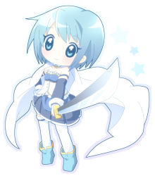 Rule 34 | 10s, 1girl, blue eyes, blue hair, cape, gloves, magical girl, mahou shoujo madoka magica, mahou shoujo madoka magica (anime), matching hair/eyes, miki sayaka, miki sayaka (magical girl), mirai (sugar), short hair, skirt, smile, solo, sword, thighhighs, weapon, white thighhighs