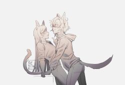 Rule 34 | 2girls, absurdres, animal ears, blush, cat ears, cat girl, cat tail, commentary, dog ears, dog girl, dog tail, grey background, greyscale, highres, hood, hoodie, kemonomimi mode, long hair, long sleeves, monochrome, multiple girls, neckwear grab, open mouth, rey yeet, ruby rose, rwby, shirt, short hair, sleeves rolled up, tail, weiss schnee, yuri