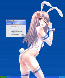 Rule 34 | 1girl, animal ears, ass, blue background, blush, breasts, brown eyes, detached collar, detached sleeves, fake animal ears, female focus, kneehighs, leotard, long hair, looking back, nyaou, open mouth, os-tan, playboy bunny, rabbit ears, rabbit tail, socks, solo, standing, tail, thighhighs, white socks, white thighhighs, xp-tan