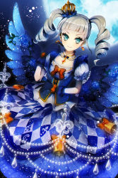 Rule 34 | 10s, 1girl, aikatsu!, aikatsu! (series), aqua eyes, bell, bell earrings, blue gloves, blue moon, blue rose, buttons, collar, crown, dress, drill hair, earrings, flat chest, flower, frills, full moon, gloves, gothic lolita, highres, jewelry, lolita fashion, long hair, looking at viewer, moon, puffy short sleeves, puffy sleeves, ribbon, rose, sayori (oskn), short sleeves, silver hair, smile, solo, todo yurika, twin drills, twintails, wings