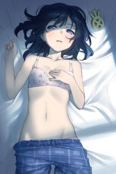 Rule 34 | 1girl, backlighting, bed sheet, black hair, blue eyes, bra, breasts, cleavage, floral print, glasses, groin, half-closed eyes, hand on own chest, looking at viewer, lying, medium hair, mole, mole under eye, navel, on back, original, pajamas, panties, pants, panty peek, parted lips, pine-chan no. 2, pine (pine-box), plaid, small breasts, solo, stomach, tareme, underwear