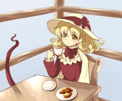 Rule 34 | 1980s (style), bad id, bad twitter id, blonde hair, bow, bowtie, cloak, commentary request, cookie, croissant, cup, curly hair, dress, elly (touhou), food, hat, holding, holding cup, oldschool, red bow, red bowtie, red dress, retro artstyle, sitting, sun hat, takemoto izumi (style), touhou, touhou (pc-98), white cloak, white hat, yatyou, yellow eyes
