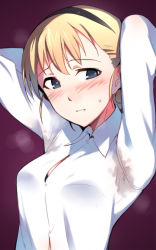Rule 34 | 1girl, armpits, arms up, blonde hair, blue eyes, blush, bra, em (totsuzen no hakike), female focus, hairband, looking at viewer, rosalie de hemricourt de grunne, shirt, simple background, smell, solo, strike witches, sweat, sweat stain, underwear, world witches series