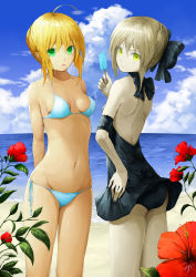 Rule 34 | 2girls, alternate costume, artoria pendragon (all), artoria pendragon (fate), bad id, bad pixiv id, bikini, blonde hair, fate/stay night, fate (series), green eyes, highres, md5 mismatch, multiple girls, revision, saber (fate), saber alter, solru, swimsuit, yellow eyes