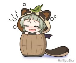Rule 34 | 1girl, animal ears, animal hood, barrel, blush, child, closed eyes, commentary request, facing viewer, fake animal ears, fake tail, genshin impact, grey hair, hood, hood up, in container, leaf, leaf on head, mitya, nose blush, open mouth, raccoon ears, raccoon tail, sayu (genshin impact), shadow, simple background, solo, tail, tears, twitter username, wavy mouth, white background