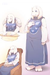 Rule 34 | 1girl, animal ears, barefoot, blue eyes, blush, book, character sheet, closed eyes, couch, dough, furry, furry female, glasses, goat ears, gradient background, hand on own chest, horns, monster girl, multiple views, plump, pomodori, robe, rolling pin, sitting, sleeping, smile, toriel, undertale