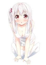 Rule 34 | 1girl, all fours, blush, breasts, brown eyes, collarbone, dress, hair bobbles, hair ornament, karutamo, long hair, looking at viewer, medium breasts, open mouth, original, side ponytail, silver hair, simple background, solo, thighhighs, tisshu (karutamo), white background, white dress, white thighhighs