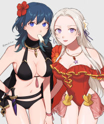 Rule 34 | 2girls, bikini, black bikini, blue eyes, blue hair, breasts, byleth (female) (fire emblem), byleth (female) (summer) (fire emblem), byleth (fire emblem), cape, cleavage, dagger, edelgard von hresvelg, fire emblem, fire emblem: three houses, fire emblem heroes, flower, food, food in mouth, frilled one-piece swimsuit, frilled swimsuit, frills, gluteal fold, hair flower, hair ornament, highres, jewelry, knife, large breasts, long hair, looking at viewer, medium breasts, medium hair, multiple girls, necklace, nintendo, official alternate costume, one-piece swimsuit, peach11 01, popsicle, popsicle in mouth, purple eyes, red one-piece swimsuit, smile, swimsuit, thigh gap, weapon, white hair
