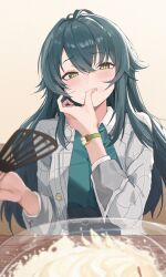 1girl absurdres blush coat eating eimizzzzz food food_on_face gakuen_idolmaster green_eyes green_hair green_shirt grey_coat hair_flaps hashtag-only_commentary highres holding holding_spatula idolmaster long_hair shirt solo spatula tsukimura_temari very_long_hair watch wristwatch