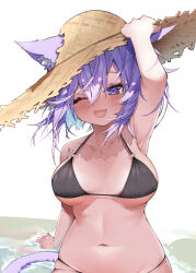 Rule 34 | 1girl, ;d, absurdres, animal ear fluff, animal ears, arm up, armpits, bikini, black bikini, blush, breasts, breasts apart, brown hat, cat ears, cat girl, cat tail, collarbone, ears through headwear, fang, hand on headwear, hat, highres, hololive, large breasts, looking at viewer, navel, nekomata okayu, one eye closed, open mouth, purple eyes, purple hair, reine (reineko6), short hair, simple background, sitting, smile, solo, straw hat, swimsuit, tail, virtual youtuber, white background