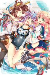 Rule 34 | 10s, 3girls, ahoge, akashi (kancolle), ass, bandana, bare shoulders, black footwear, black legwear, blue hair, blush, boots, breasts, brown hair, detached sleeves, double bun, fangs, green eyes, hair ribbon, hairband, headgear, highres, hip vent, i-19 (kancolle), japanese clothes, kantai collection, kongou (kancolle), large breasts, long hair, looking at viewer, multiple girls, name tag, nontraditional miko, one-piece swimsuit, open mouth, pink hair, red eyes, ribbon, school swimsuit, school uniform, serafuku, signature, skirt, smile, submarine, swimsuit, thigh boots, thighhighs, togashi (choco-bakama kitchen), tress ribbon, tri tails, twintails, twitter username, watercraft, zettai ryouiki