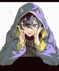 Rule 34 | 1boy, animal hood, black hair, blush, chain, dog hood, fangs, hands on own cheeks, hands on own face, heart, heart-shaped pupils, highres, hood, indie virtual youtuber, jacket, jewelry, long sleeves, looking at viewer, male focus, necklace, open clothes, open jacket, purple eyes, purple jacket, short hair, shoto (vtuber), symbol-shaped pupils, tongue, tongue out, virtual youtuber, xiaojiaju