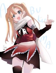 Rule 34 | 1girl, :d, abukuma (kancolle), asymmetrical bangs, black gloves, black neckwear, black skirt, black thighhighs, blonde hair, blue eyes, character name, cosplay, elbow gloves, fingerless gloves, from below, gloves, hair down, highres, index finger raised, kamisuiori, kantai collection, looking at viewer, looking down, open mouth, scarf, school uniform, sendai (kancolle), sendai (kancolle) (cosplay), sendai kai ni (kancolle), serafuku, signature, skirt, smile, solo, thighhighs, two side up, white scarf