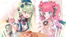 Rule 34 | 2girls, :3, amatsuka miho, animal ears, blue eyes, closed mouth, cup, doughnut, dress, food, green hair, hair between eyes, hamster ears, hamster girl, headphones, headphones around neck, highres, indie virtual youtuber, matsui muga, mihovt, mug, multiple girls, on chair, open mouth, pink hair, sitting, smile, sunglasses, table, twintails, virtual youtuber, yellow eyes