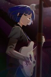 Rule 34 | 1girl, absurdres, bass guitar, black skirt, blue hair, bocchi the rock!, fender precision bass, hair ornament, hairclip, highres, holding, holding instrument, instrument, jiki (gkdlfnzo1245), long sleeves, microphone, music, playing instrument, short hair, skirt, solo, sweat, yamada ryo, yellow eyes