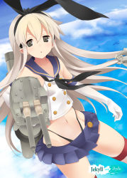 Rule 34 | 10s, 1girl, blonde hair, cloud, day, elbow gloves, gloves, grey eyes, hairband, kantai collection, long hair, mizuki makoto, navel, personification, rensouhou-chan, sailor collar, shimakaze (kancolle), sky, socks, solo, striped clothes, striped socks, striped thighhighs, thighhighs
