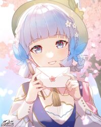 Rule 34 | 1girl, ayaka (genshin impact), blue eyes, blue hair, braid, butterfly hair ornament, cherry blossoms, commentary request, facing viewer, flower, genshin impact, hair flower, hair ornament, hair up, hat, hat flower, highres, holding, holding letter, holding pen, kamisato ayaka (springbloom missive), letter, light blue hair, long sleeves, mole, mole under eye, nobimaru ill, official alternate costume, parted lips, pen, portrait, puffy long sleeves, puffy sleeves, signature, smile, solo