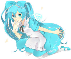 Rule 34 | 1girl, alice in musicland (vocaloid), aqua eyes, aqua hair, bad id, bad pixiv id, bow, dress, hair bow, hatsune miku, long hair, looking at viewer, musical note, nail polish, open mouth, simple background, solo, twintails, uryu, very long hair, vocaloid