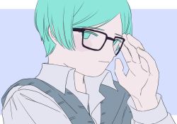 Rule 34 | 1other, alternate costume, androgynous, aqua eyes, aqua hair, colored eyelashes, contemporary, diffndk, glasses, green eyes, green hair, houseki no kuni, looking at viewer, phosphophyllite, short hair, smile, solo, upper body, vest