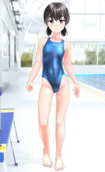 Rule 34 | 1girl, absurdres, barefoot, bench, black hair, blue one-piece swimsuit, breasts, clothes writing, commentary request, competition swimsuit, full body, gluteal fold, green eyes, highres, indoors, looking at viewer, low twintails, one-piece swimsuit, original, pool, short hair, small breasts, solo, standing, string of flags, swimsuit, takafumi, twintails