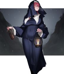 Rule 34 | 1girl, alternate costume, bluecup, blush, bottle, breasts, closed eyes, commentary, covered navel, english commentary, highres, holding, holding bottle, holding lantern, hololive, hololive fantasy, houshou marine, houshou marine (nun), lantern, large breasts, long hair, nun, purple hair, snowing, solo, traditional nun, virtual youtuber