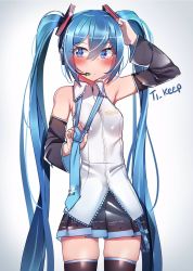 Rule 34 | 1girl, alternate eye color, aqua hair, aqua necktie, artist name, bare shoulders, blue eyes, blush, breasts, closed mouth, collarbone, cowboy shot, detached sleeves, gradient background, grey shirt, hair between eyes, hand on own head, hatsune miku, headphones, headset, highres, holding necktie, lace, lace-trimmed shirt, lace trim, long hair, looking to the side, loose necktie, microphone, miniskirt, necktie, pleated skirt, shiny clothes, shirt, simple background, skindentation, skirt, sleeveless, sleeveless shirt, solo, thighhighs, ti keep, twintails, very long hair, vocaloid, wing collar, zettai ryouiki