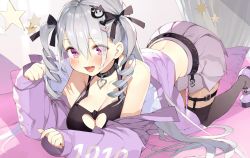 Rule 34 | 1girl, animal ear fluff, animal ears, belt, black thighhighs, blush, breasts, buckle, cat ears, choker, cleavage, clothing cutout, collarbone, drill hair, fang, gaou (umaiyo puyoman), hair between eyes, hair ornament, hair ribbon, heart, heart choker, heart cutout, heart hair ornament, highres, hourei tenten, large breasts, long hair, looking at viewer, melty+, midriff, mole, mole on breast, navel, open mouth, pleated skirt, purple eyes, purple footwear, purple skirt, ribbon, shoes, silver hair, skin fang, skindentation, skirt, smile, solo, thigh strap, thighhighs, top-down bottom-up, twin drills, virtual youtuber