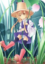 Rule 34 | 1girl, black thighhighs, blonde hair, boots, dress, female focus, hat, mikan (bananoha), moriya suwako, nature, outdoors, panties, plant, short hair, solo, striped clothes, striped panties, thighhighs, touhou, underwear, yellow eyes