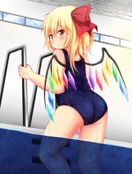 Rule 34 | 1girl, alternate costume, ass, blonde hair, blush, female focus, flandre scarlet, hair ribbon, highres, looking at viewer, looking back, one-piece swimsuit, plump, pool, red eyes, rena (riries), ribbon, school swimsuit, short hair, simple background, smile, solo, swimsuit, touhou, wet, white background, wings