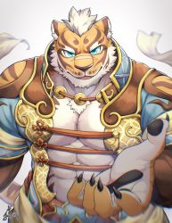 Rule 34 | abs, animal ears, bara, blue eyes, claws, furry, furry male, highres, large pectorals, lin hu (nekojishi), looking at viewer, male focus, muscular, muscular male, nekojishi, orange fur, pectorals, ponzu tas, solo, tiger boy, tiger ears, tiger stripes