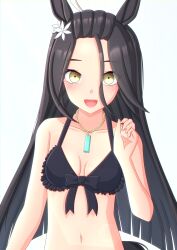Rule 34 | 1girl, 2-butani, absurdres, ahoge, animal ears, bikini, black bikini, black bow, black hair, blush, bow, breasts, cleavage, commentary request, ear ornament, hair between eyes, highres, horse ears, horse girl, horse tail, jewelry, looking at viewer, manhattan cafe (the bubbles that i see with you) (umamusume), manhattan cafe (umamusume), medium breasts, midriff, multicolored hair, navel, necklace, official alternate costume, official alternate hairstyle, open mouth, simple background, smile, solo, streaked hair, swimsuit, tail, umamusume, upper body, water, white background, white hair, yellow eyes