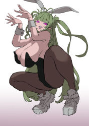Rule 34 | :d, adjusting clothes, animal ears, antenna hair, black leotard, breasts, brown pantyhose, detached collar, fake animal ears, goddess of victory: nikke, green hair, heart antenna hair, highleg, highleg leotard, huge breasts, leotard, long hair, looking at viewer, mamaroa, mole, mole on breast, open mouth, pantyhose, pink eyes, playboy bunny, rabbit ears, rabbit pose, shoes, smile, sneakers, soda (nikke), soda (twinkling bunny) (nikke), spread legs, squatting, strapless, strapless leotard, tiptoes, twintails, unfinished, wrist cuffs