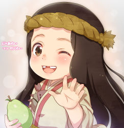 Rule 34 | 1girl, blush, brown eyes, brown hair, commentary, eyebrows, food, fruit, fumetsu no anata e, hair ornament, highres, holding, holding food, long hair, looking at viewer, march (fumetsu no anata e), missing tooth, nose blush, one eye closed, open mouth, pear, samneco, simple background, smile, solo, teeth, tongue, tooth gap, translated, upper body, upper teeth only, wink