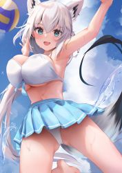 Rule 34 | 1girl, :d, ahoge, animal ear fluff, animal ears, armpits, arms up, bad id, bad pixiv id, ball, bare arms, bikini, bikini skirt, black tail, blue skirt, blue sky, blush, breasts, cleavage, cloud, extra ears, fang, foot out of frame, fox ears, fox girl, fox tail, highres, hololive, large breasts, long hair, multicolored tail, navel, open mouth, panties, playing sports, pleated skirt, ponytail, shirakami fubuki, sidelocks, skin fang, skirt, sky, smile, solo, swimsuit, tail, thighs, uechin ewokaku, underwear, very long hair, virtual youtuber, volleyball, volleyball (object), white hair, white panties, white tail