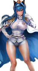 Rule 34 | 1girl, armband, ass, badge, blue armband, blue eyes, blue hair, braid, breasts, epaulettes, feet out of frame, gloves, goddess of victory: nikke, hat, helm (nikke), highres, knees, kyel hyde, large breasts, lips, long hair, long sleeves, looking at viewer, military, military hat, military uniform, naval uniform, peaked cap, short shorts, shorts, solo, sword, uniform, weapon, white gloves, white shorts