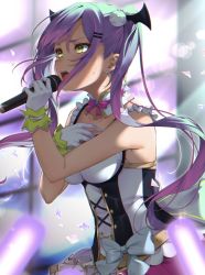 Rule 34 | 1girl, barbell piercing, bow, breasts, demon girl, detached collar, dress, dress bow, ear piercing, frills, gloves, gold trim, green eyes, hair ornament, hairclip, highres, hololive, industrial piercing, izumi kei, long hair, microphone, multicolored hair, piercing, pointy ears, pom pom (clothes), purple hair, sidelocks, signature, solo, stage, streaked hair, tokoyami towa, twintails, virtual youtuber, wing hair ornament