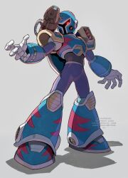 Rule 34 | 1boy, android, blue footwear, commentary, full body, helmet, looking at viewer, male focus, mega man (series), mega man x3, mega man x (series), red eyes, rocket, simple background, solo, tanaka (is2 p), vile (mega man)
