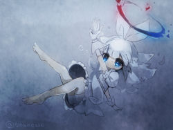 Rule 34 | 1girl, arm up, artist name, barefoot, bike shorts, blue eyes, bright pupils, bubble, closed mouth, creatures (company), dress, feet, female focus, frilled dress, frilled sleeves, frills, full body, game freak, gen 4 pokemon, gloves, gradient background, grey background, grey theme, hairband, halo, legs, long hair, looking up, nintendo, outstretched arm, personification, pokemon, puffy short sleeves, puffy sleeves, shira (sirairo116), short dress, short sleeves, sidelocks, signature, simple background, solo, tears, togekiss, twitter username, underwater, upskirt, white dress, white gloves, white hair, white hairband, white pupils